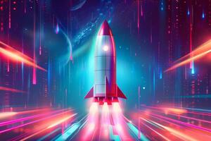 A sleek rocket ascends rapidly amidst a dazzling array of colorful lights and digital effects, evoking a sense of adventure and exploration in a cosmic environment photo