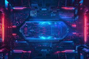 A high-tech environment showcases a glowing digital interface filled with intricate circuit designs and vibrant neon lights, representing advanced technology photo