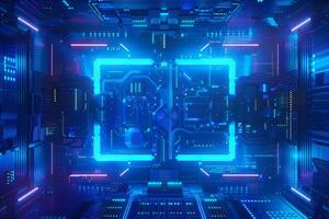 Bright blue and neon lights illuminate a complex circuit board, creating a high-tech atmosphere reminiscent of a sci-fi universe, evoking innovation and modernity photo