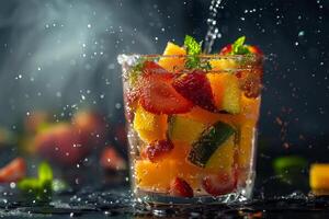 A vibrant cocktail made with fresh fruits sits in a glass, enhanced by bubbles and splashes of sparkling water, creating a lively summer vibe photo