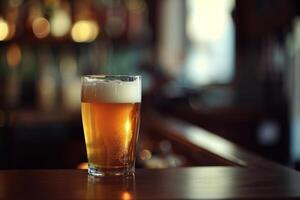 Frosted glass filled with golden beer rests on a polished wooden bar. The warm glow of the pub creates a cozy atmosphere for relaxation and socializing photo