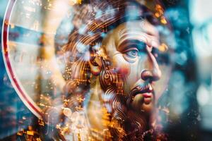 This artwork features an expressive portrait of a saint with meticulous details and golden decorations, creating a tranquil yet captivating atmosphere photo