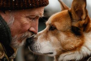 In a peaceful outdoor setting, an elderly man with a mustache gazes affectionately at his dog, creating a heartfelt connection on a chilly day photo