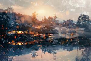 A tranquil village sits by the water, illuminated by the warm glow of evening lights. Mist surrounds the traditional houses, creating a peaceful atmosphere at sunset photo