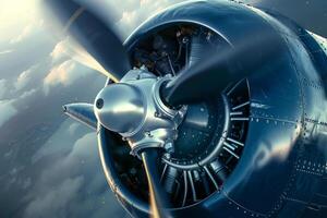 A vintage aircraft propeller spins rapidly, capturing the golden hues of a sunset reflected on its polished metal surface, as it soars above fluffy white clouds photo