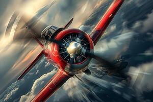 A striking red airplane slices through the clouds, demonstrating impressive aerial skills against a backdrop of a bright blue sky and wispy clouds, showcasing its agility and speed photo