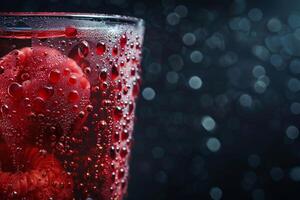 A sparkling drink filled with fresh raspberries rests in a glass, adorned with droplets of condensation, showcasing its refreshing appeal against a blurred dark backdrop photo