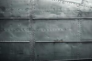A detailed close-up showcases the textured metallic surface of an aircraft fuselage, adorned with rivets and showing signs of wear, reflecting expert engineering photo