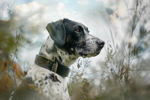The dog is positioned calmly in a field, surrounded by tall grass and delicate plants, gazing into the distance as the clouds drift overhead in soft hues photo