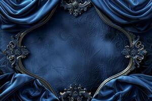 Rich blue velvet curtains create a luxurious frame around an elaborate decorative backdrop. The intricate design invites creativity and elegance for various uses photo