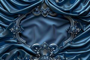 The luxurious blue fabric drapes elegantly, featuring intricate patterns and a decorative frame, setting a sophisticated indoor atmosphere photo