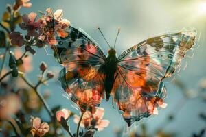 A butterfly rests delicately on colorful flowers, illuminated by sunlight. The scene captures the essence of spring, highlighting the harmony of nature and vibrant life photo