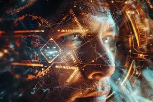 A contemplative individual gazes intently as intricate, glowing digital patterns envelop his face in a fusion of light and technology, illustrating a moment of inspiration photo