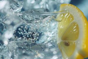 A vibrant lemon slice floats in sparkling water, with bubbles rising around it, creating a refreshing and inviting atmosphere perfect for warm weather photo