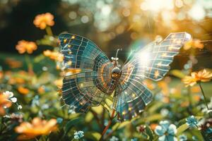 The delicate butterfly, adorned with intricate patterns, enjoys a moment of rest amidst blooming flowers. Sunlight filters through, creating a serene atmosphere photo