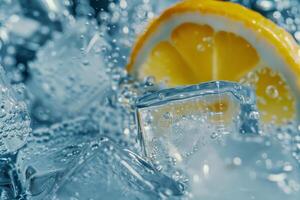 A close-up capturing a lemon slice resting atop ice cubes in sparkling water, with bubbles rising around, evoking a refreshing summer drink photo