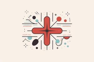This graphic features a red cross at its center, surrounded by various geometric shapes and lines in red, blue, and black. It symbolizes healthcare and wellness in a modern style photo