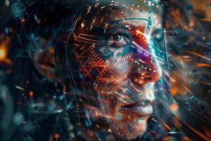 A captivating portrait shows a woman with striking facial patterns illuminated by colorful digital designs, creating a blend of technology and humanity photo