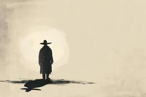 A solitary figure in a long coat and hat stands against a soft, illuminated background at dusk, creating a mysterious atmosphere. The surroundings appear blurred and undefined photo