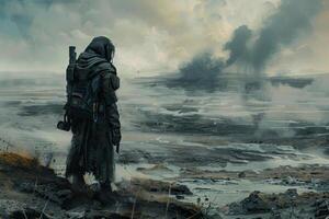 A solitary figure stands on a barren landscape, dressed in a worn cloak. Smoke rises from the horizon, hinting at destruction in the background under a moody sky photo