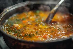 A pot of soup is being stirred with a spoon photo