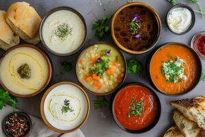 A variety of soups and salads are displayed on a table photo