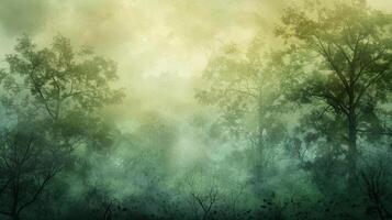 A forest with trees and a misty sky photo