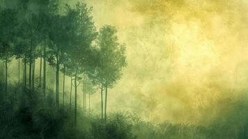 A painting of a forest with trees and a sky in the background photo