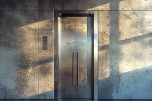 The door of an old building is open, and the sunlight is shining on it photo