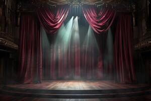 A red curtain is drawn on a stage, with a spotlight shining on it photo