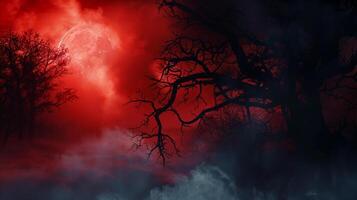 A red and black background with trees and a full moon photo