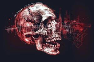 A skull with a red background and a city in the background photo