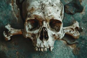 Skull with two crossed bones on top of it photo