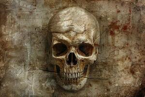 A skull is shown on a wall with a red background photo