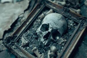 A skull is in a frame with some bones around it photo