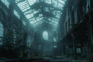 A dark, abandoned building with a large window and a tree growing out of it photo
