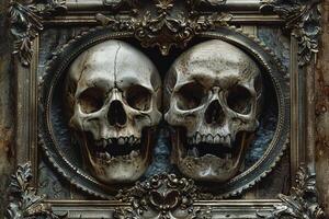Two skulls are in a frame, one of which is smiling photo