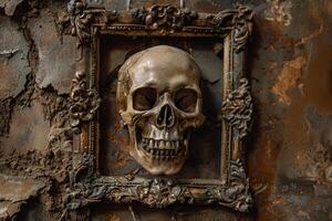 A skull is hanging on a wall in a frame photo