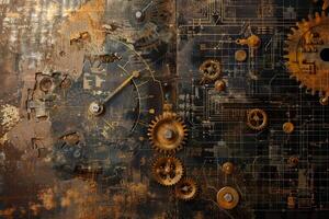 A clock with gears and a face is shown in a black and brown color scheme photo