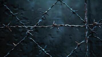 A close up of a barbed wire fence with a dark background photo