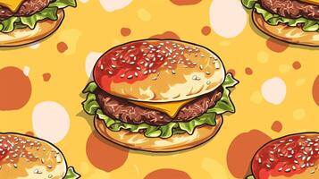A hamburger with lettuce and cheese on a yellow background photo