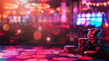 A pile of poker chips sits on a table in a casino photo