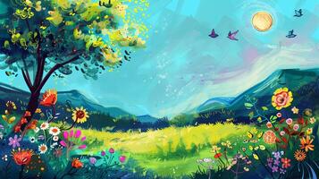 A painting of a field with a tree and a sun in the sky photo
