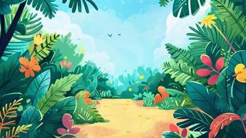 A lush green jungle with a path through it photo