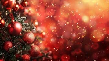A red background with a tree full of red ornaments photo