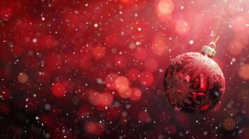 A red ornament hangs from a string in a snowy background photo