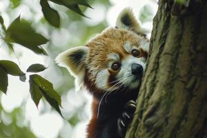 A red and white panda bear is peeking out from behind a tree photo