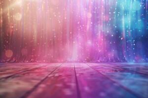 A colorful, blurry background with a purple curtain and a wooden floor photo
