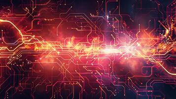 A red and black image of a circuit board with many lines and dots photo
