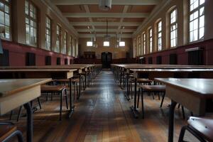 A large empty classroom with rows of desks and chairs photo